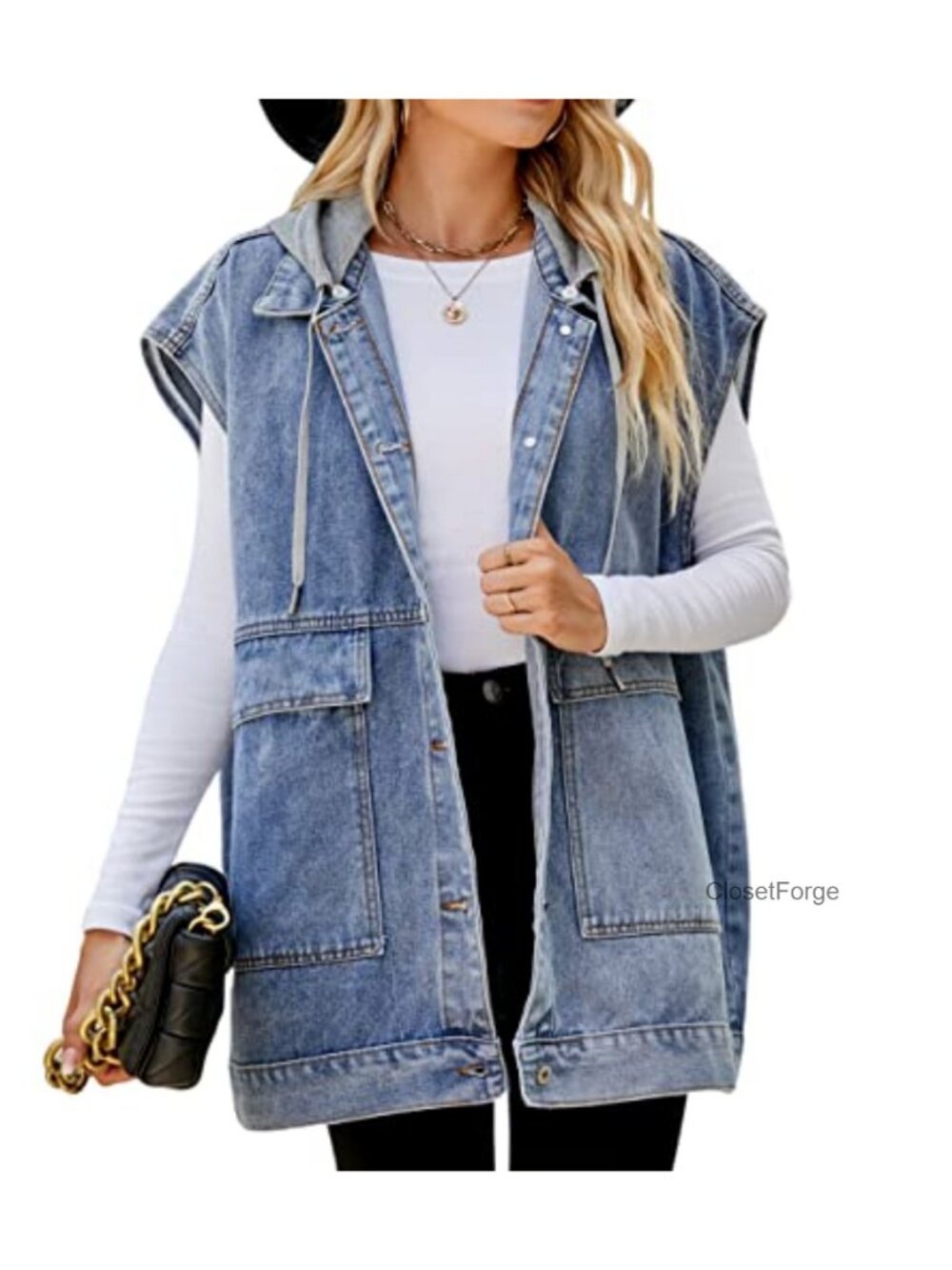 Oversized Denim Vest - Sleeveless Distressed Jean Vest with Pockets for Casual